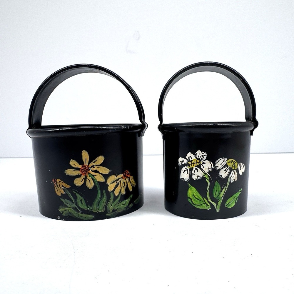 Vintage Hand Painted Tin Biscuit Cutters Floral Black Set